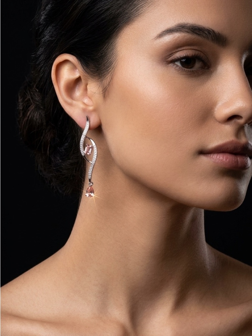 18k Gold plated Zirconia Rose Crystal Drop Earrings with Silver-handmade